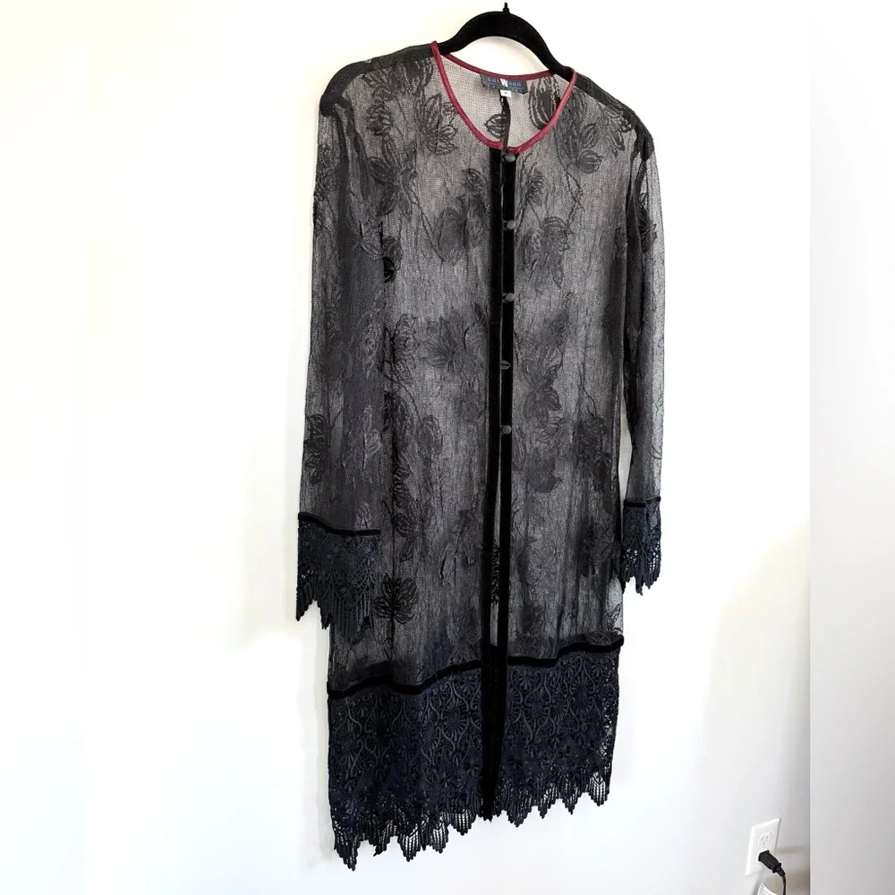 Sue Wong Nocturne Vintage 90s Black Lace Cardigan Jacket Coat Velvet Trim Sz M - Picture 3 of 13